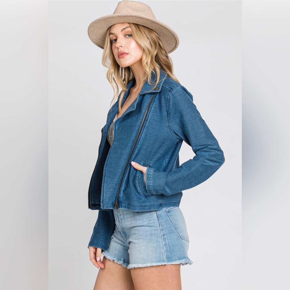 Knit Denim Biker Moto Jacket in Blue - Picture 6 of 10